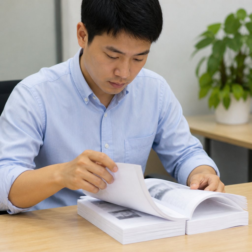 Hands flipping through thick manuals on a wooden table in an office.