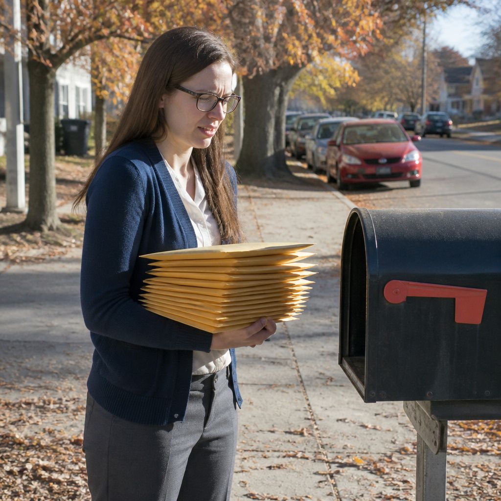 Woman at her mailbox holding stack of legal envelopes looking tired and frustrated