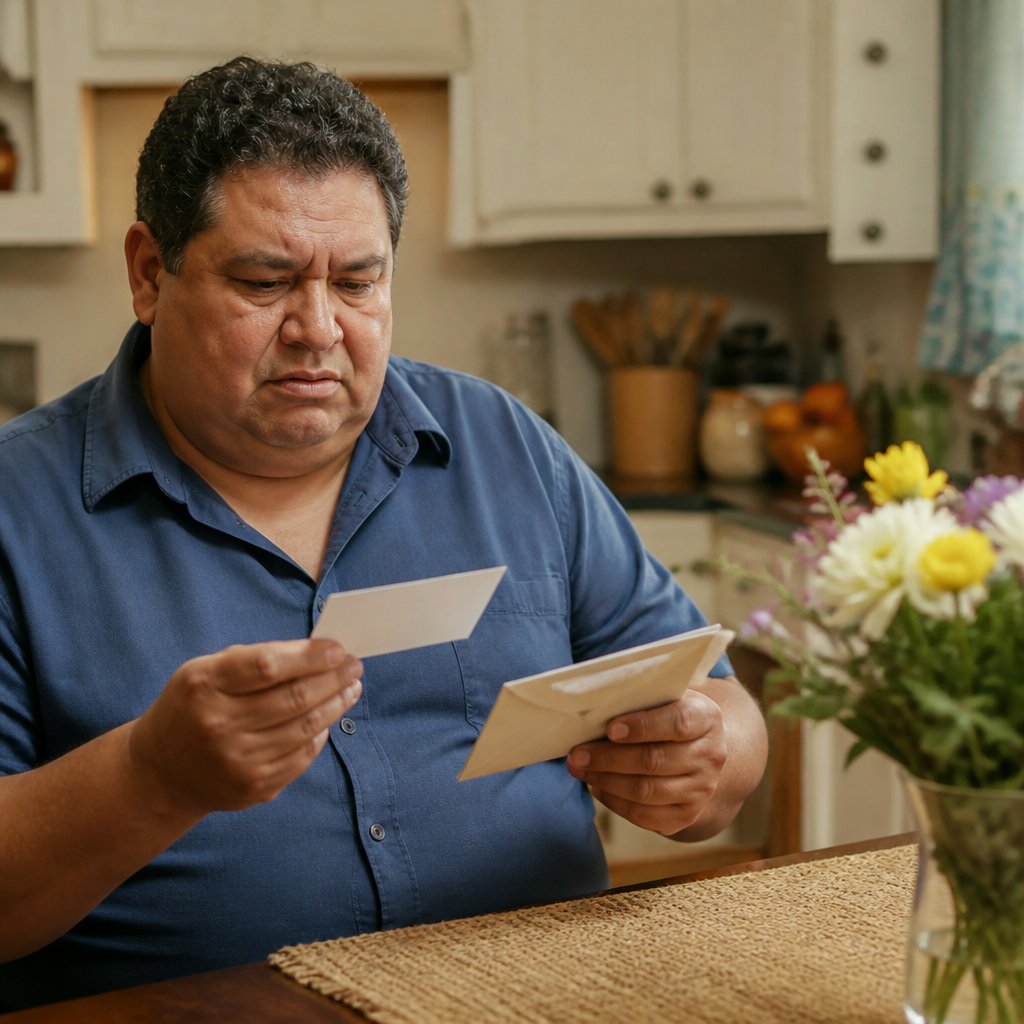 Man examining a gift card and envelope at kitchen table looking concerned.