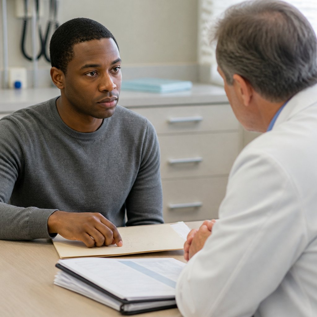 Man and surgeon discussing conflicting medical records in a consultation room.