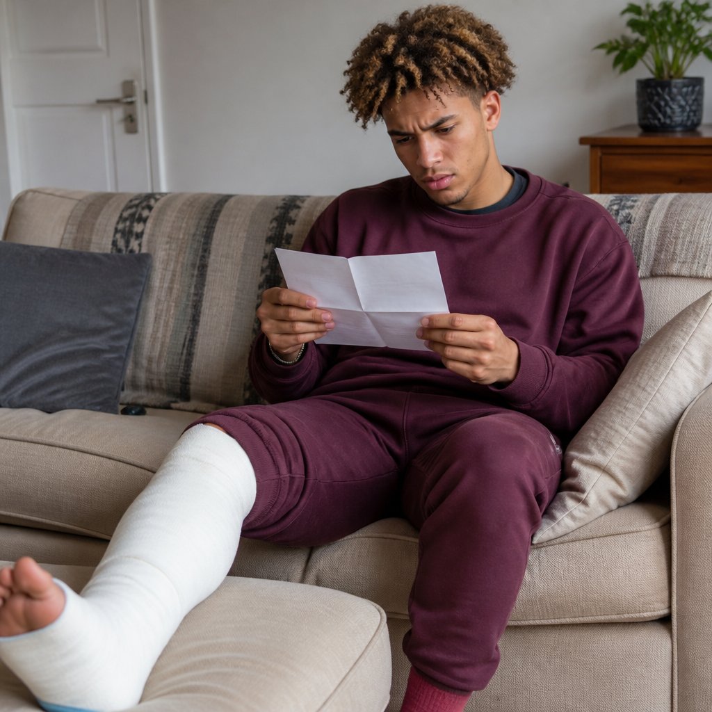 Man reading insurance letter on couch with casted leg