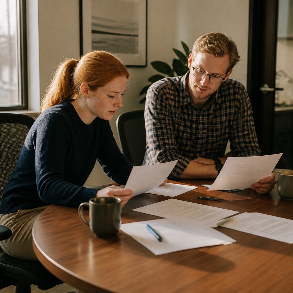 Two coworkers reviewing job descriptions together in a conference room.