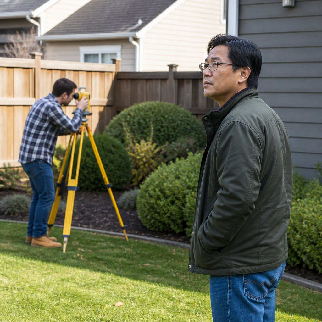 Man observing surveyor taking measurements in backyard near fence