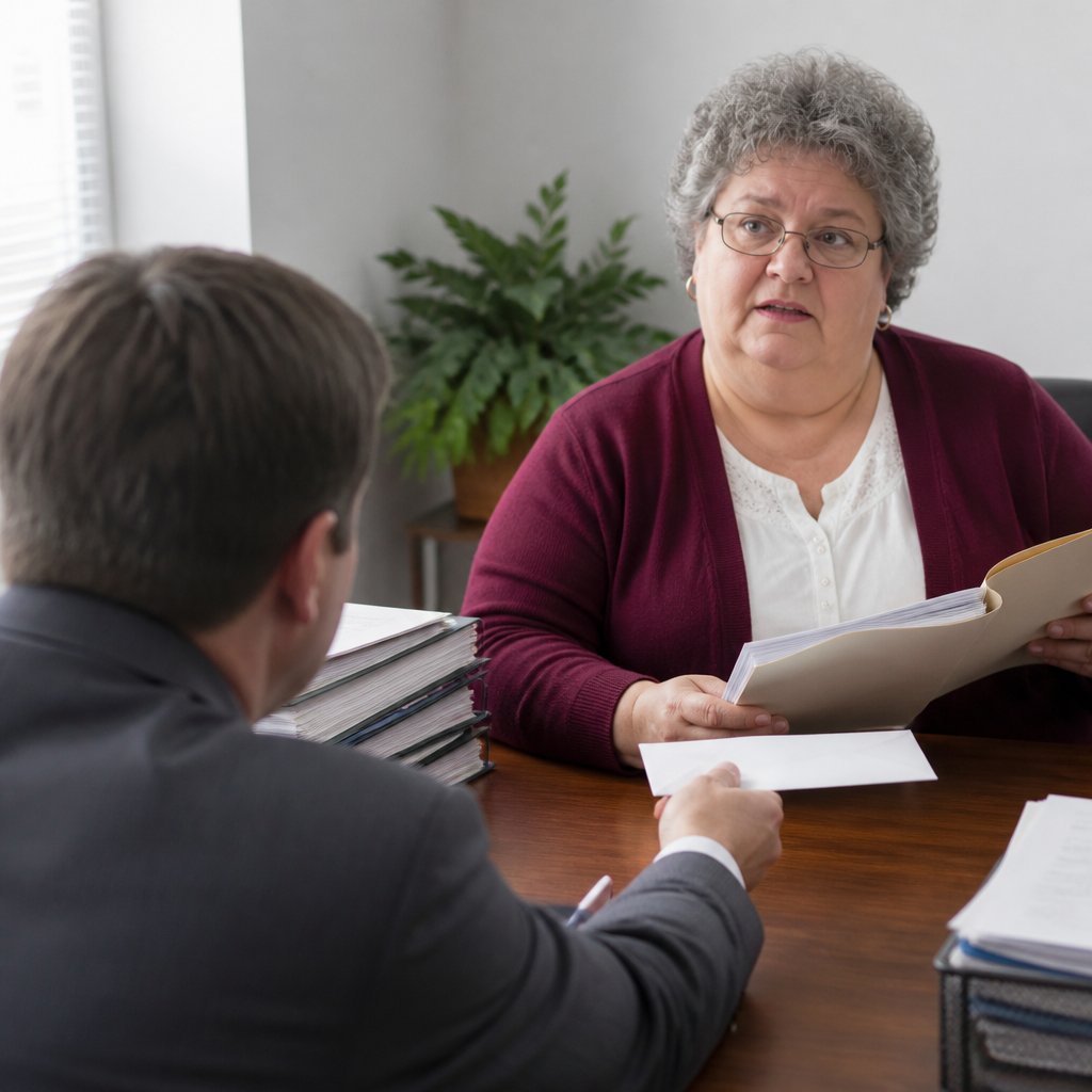 Woman in hospital office reviewing settlement documents with a lawyer.