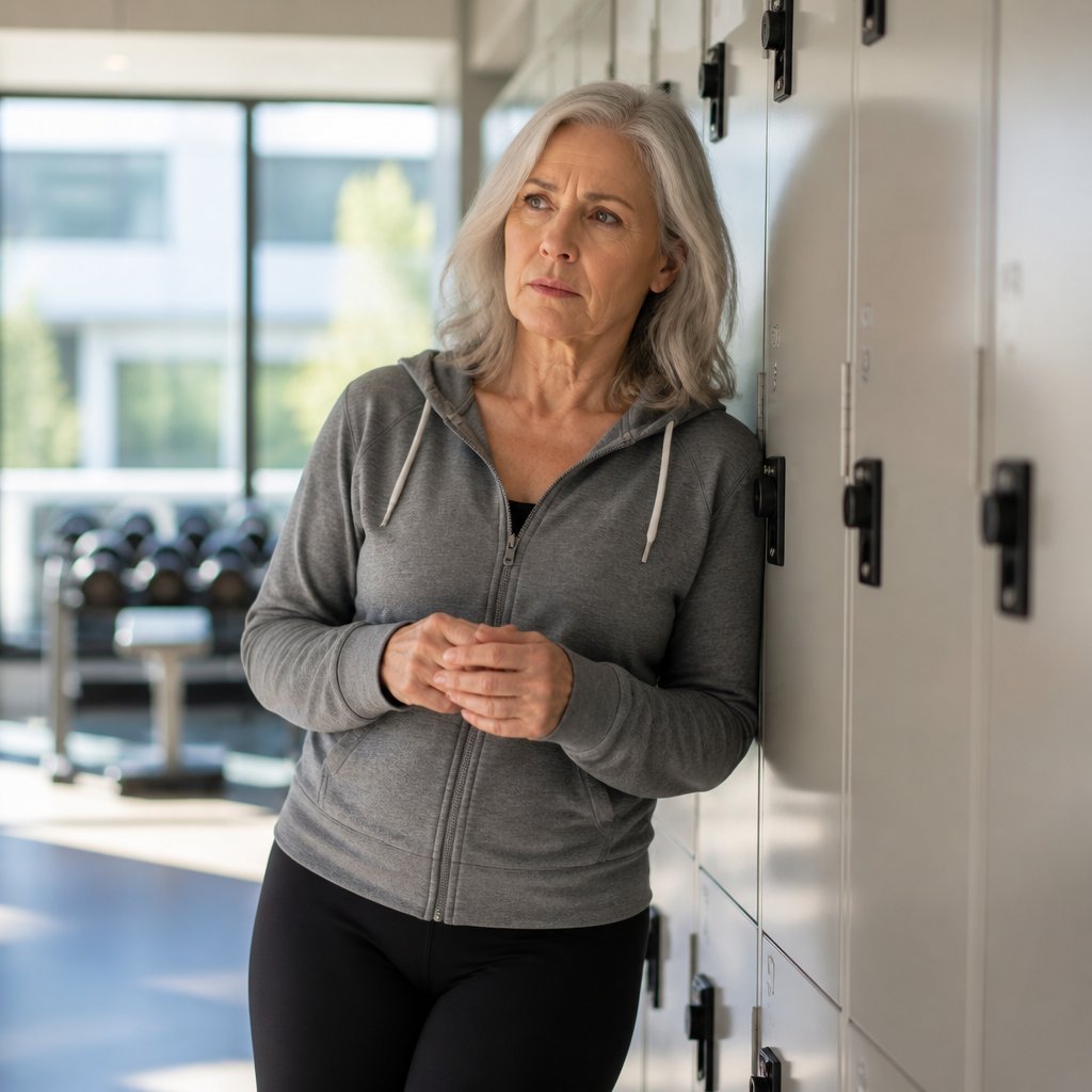 Woman leaning against gym lockers looking worried while holding her phone.