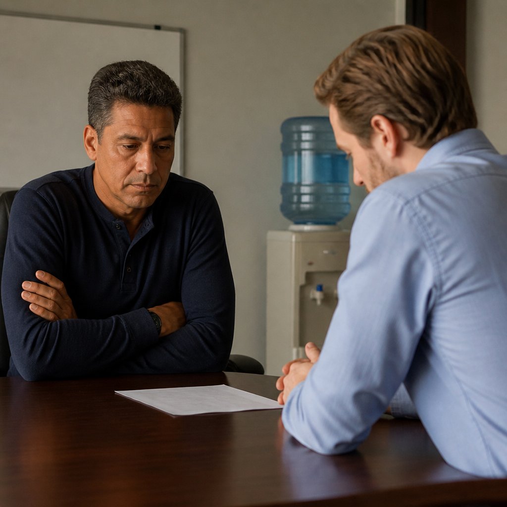 Man confronts supervisor over conflicting written accusations in conference room