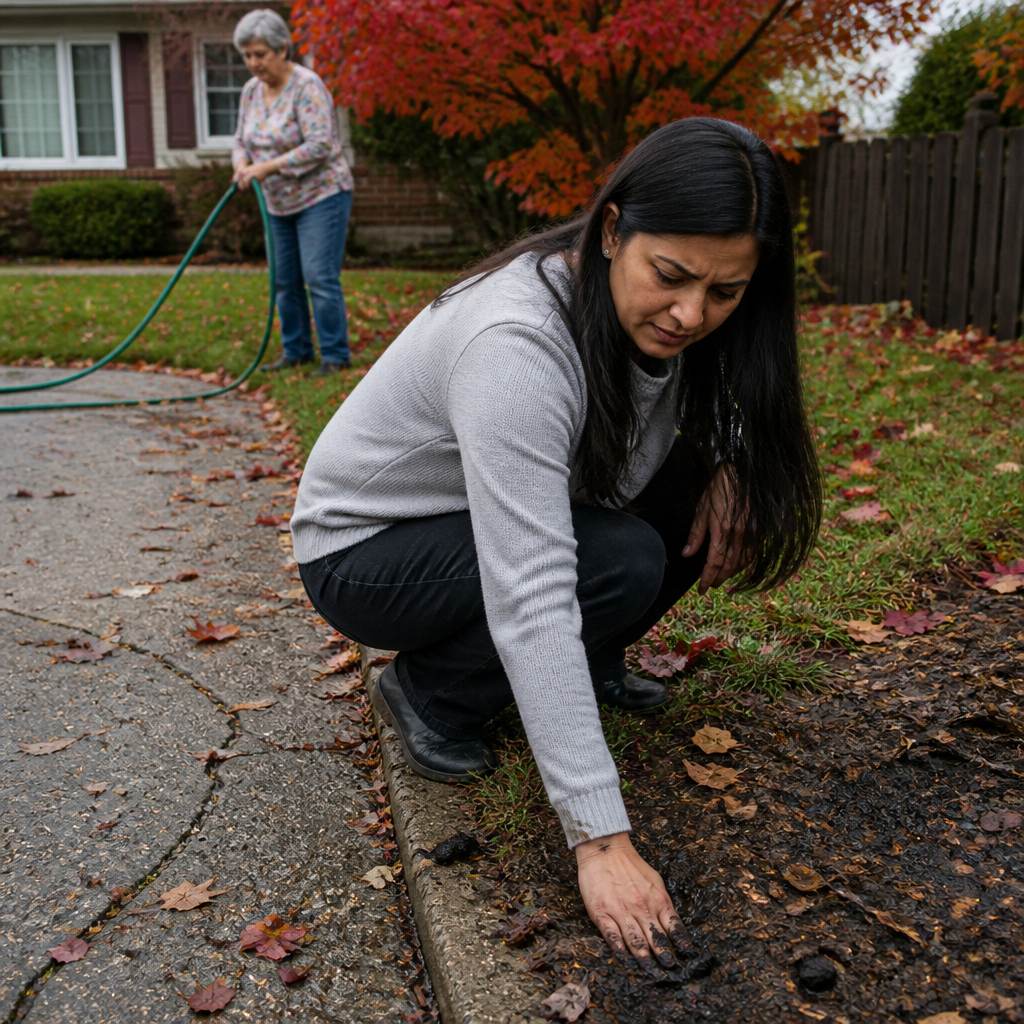 Woman inspects wet soil near driveway crack as neighbor waters maple tree nearby.