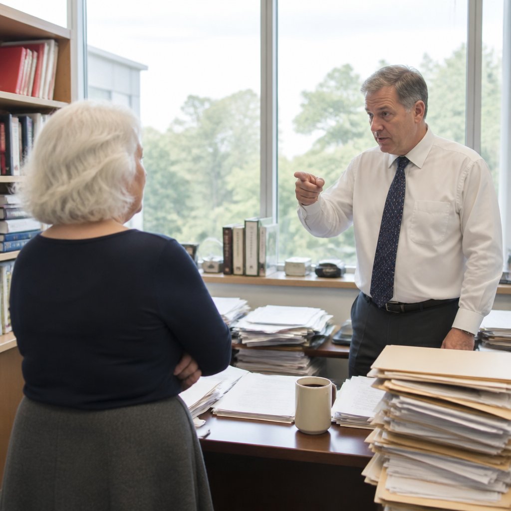 Older white woman facing lab director who denies external testing request in cluttered office