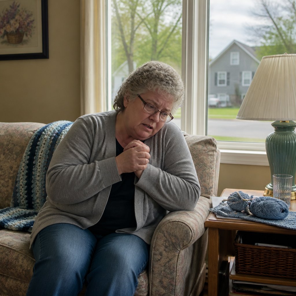 Woman on couch, tense, receiving daily calls from nurse case manager