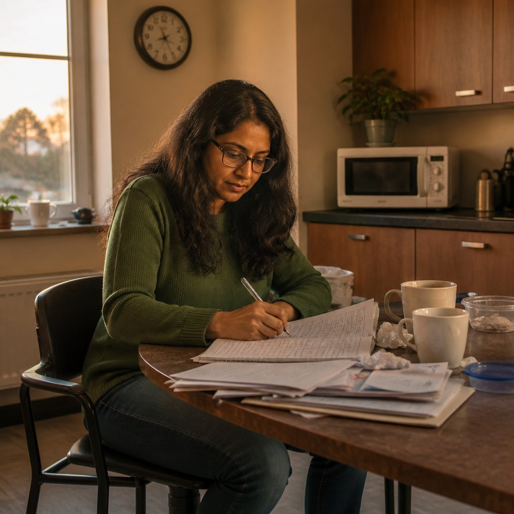 Woman working on a spreadsheet in a cluttered break room late in the evening with papers and coffee cups around.