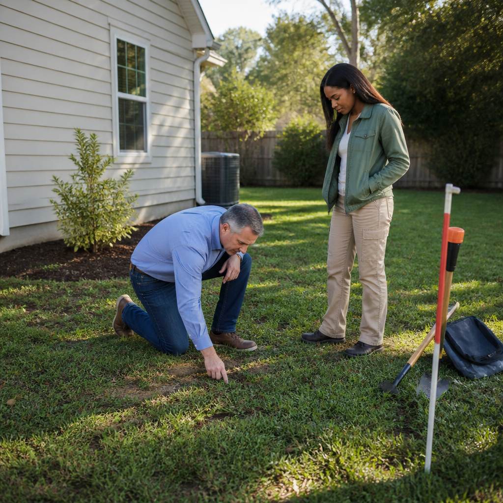 Woman watches surveyor kneel and inspect missing property monument in backyard.