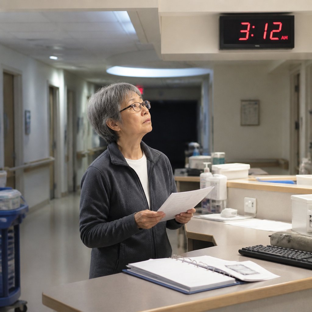 Older East Asian woman holding printouts in a hospital nurse’s station late at night, looking at a clock showing 3:12 AM.
