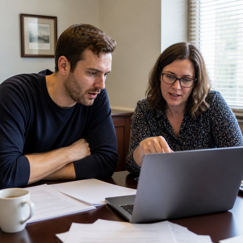 Derek and a female coworker intently watching a video in a small law office.