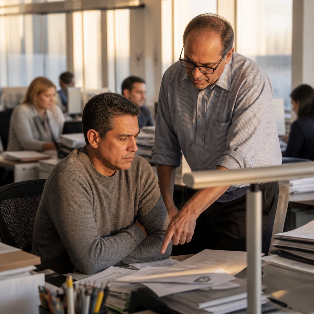 Mara and Troy review performance metrics in open office