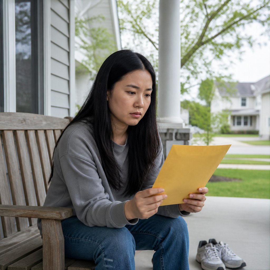 Woman sitting on porch holding legal summons envelope, looking concerned