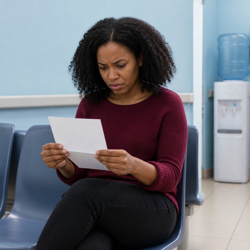 Woman in waiting room holding a letter, looking upset and disbelieving.
