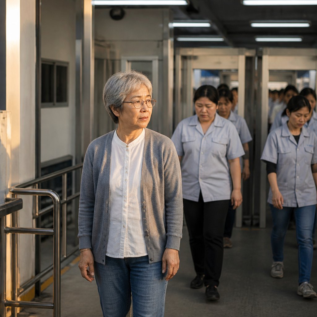 Older East Asian woman observes coworkers passing post-shift security screening in factory corridor, looking tired and resigned.