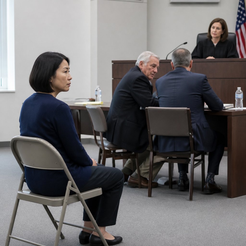 Courtroom scene with woman and man, judge listening, tense atmosphere.