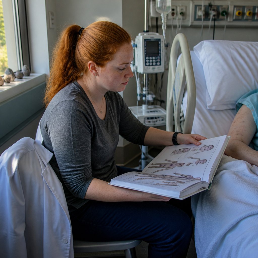 Woman with red hair examining medical charts next to a hospital bed with monitors.