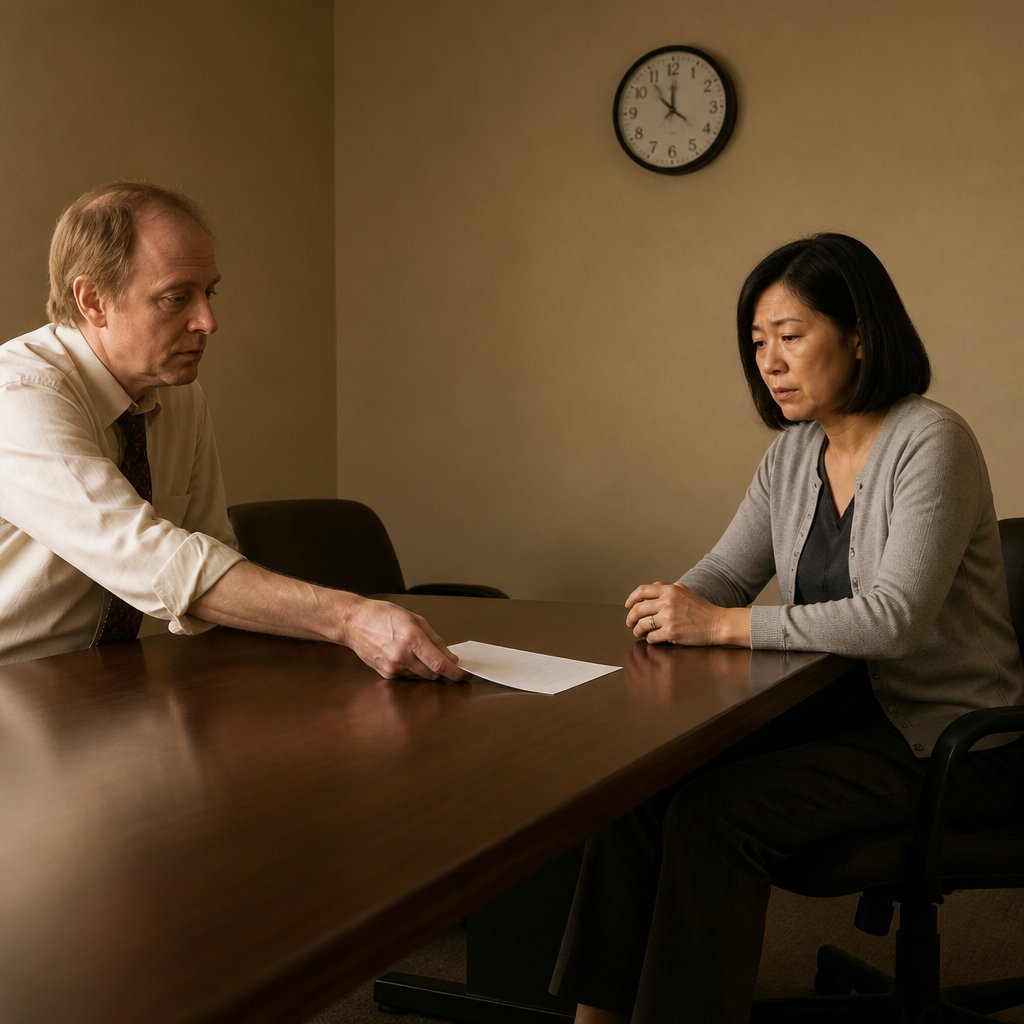 Employee confronted with unsigned attendance sheet in conference room.