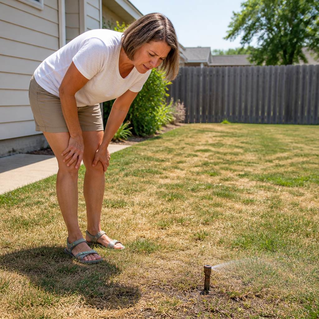 Woman inspecting a broken sprinkler in a dry, patchy suburban lawn near a wooden fence.