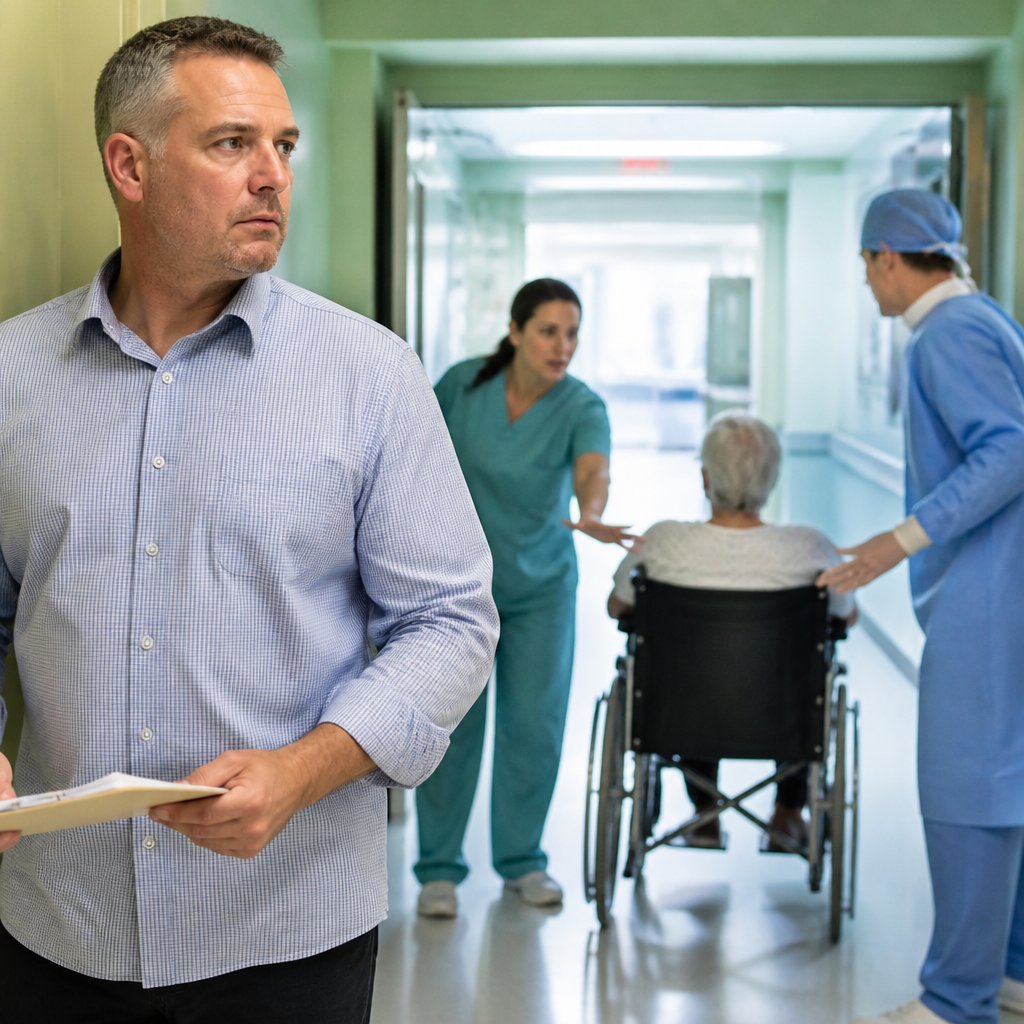 Protagonist hesitates signing timeout as patient is transferred out-of-network.