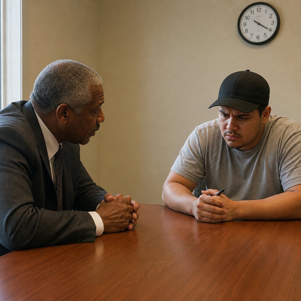 A Black man in his 60s faces a younger Latino man in a deposition room, tension visible.