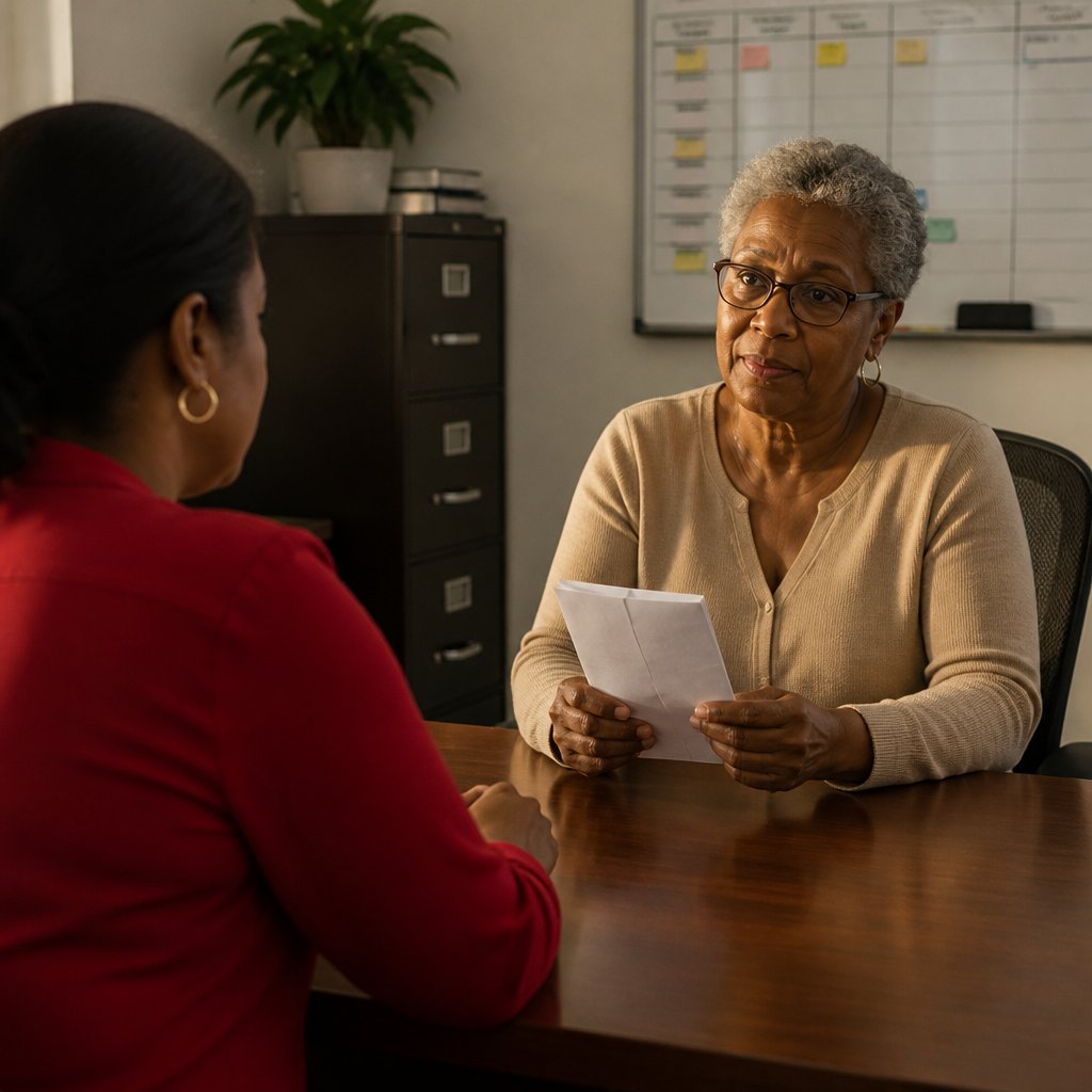 Older Black woman in HR office considering a contract proposal.