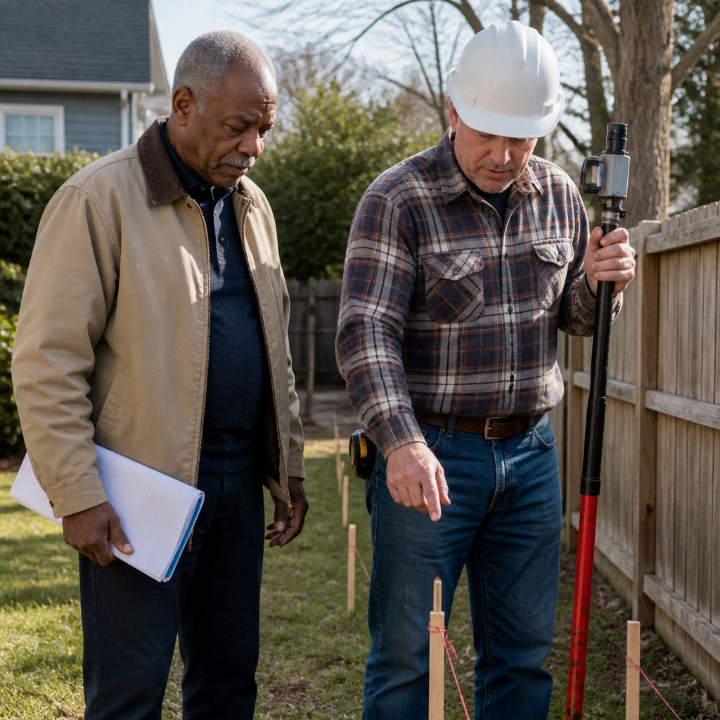 Man and surveyor examining property line in backyard, serious expressions