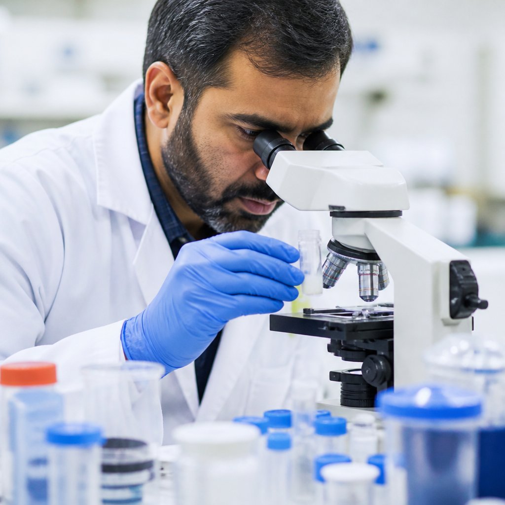 Lab technician inspecting joint fluid sample with metal debris under microscope.