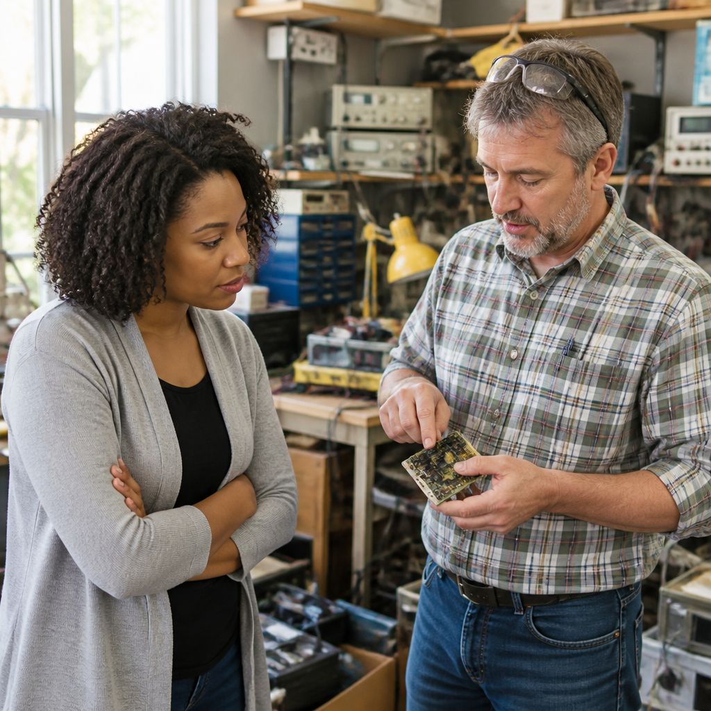 Engineer explaining battery failure evidence in a cluttered workshop.