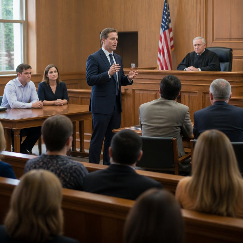 Courtroom during opening statements with anxious couple at plaintiff's table