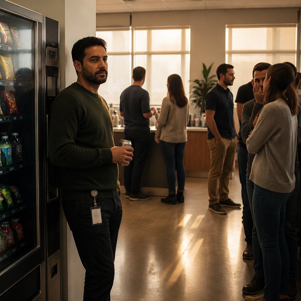 Tense man alone by vending machine while coworkers whisper and avoid looking at him.