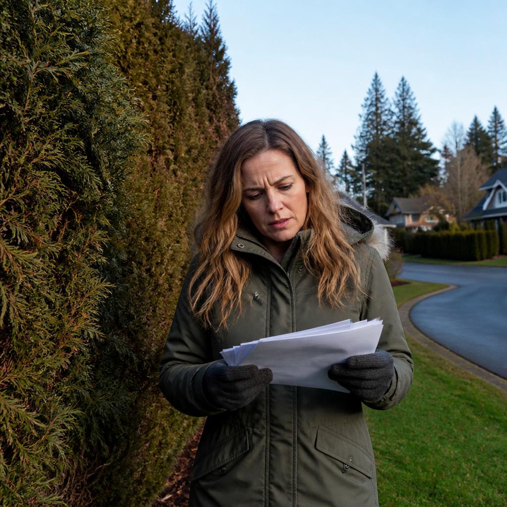 Protagonist holding letters near a tall, dense hedge at the property boundary.
