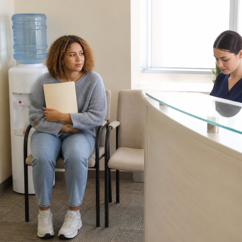 Woman sitting tensely in medical office waiting room, facing a receptionist avoiding her gaze