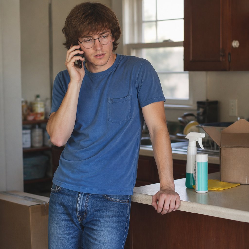 Young woman in casual clothes making a serious phone call in a cluttered kitchen.