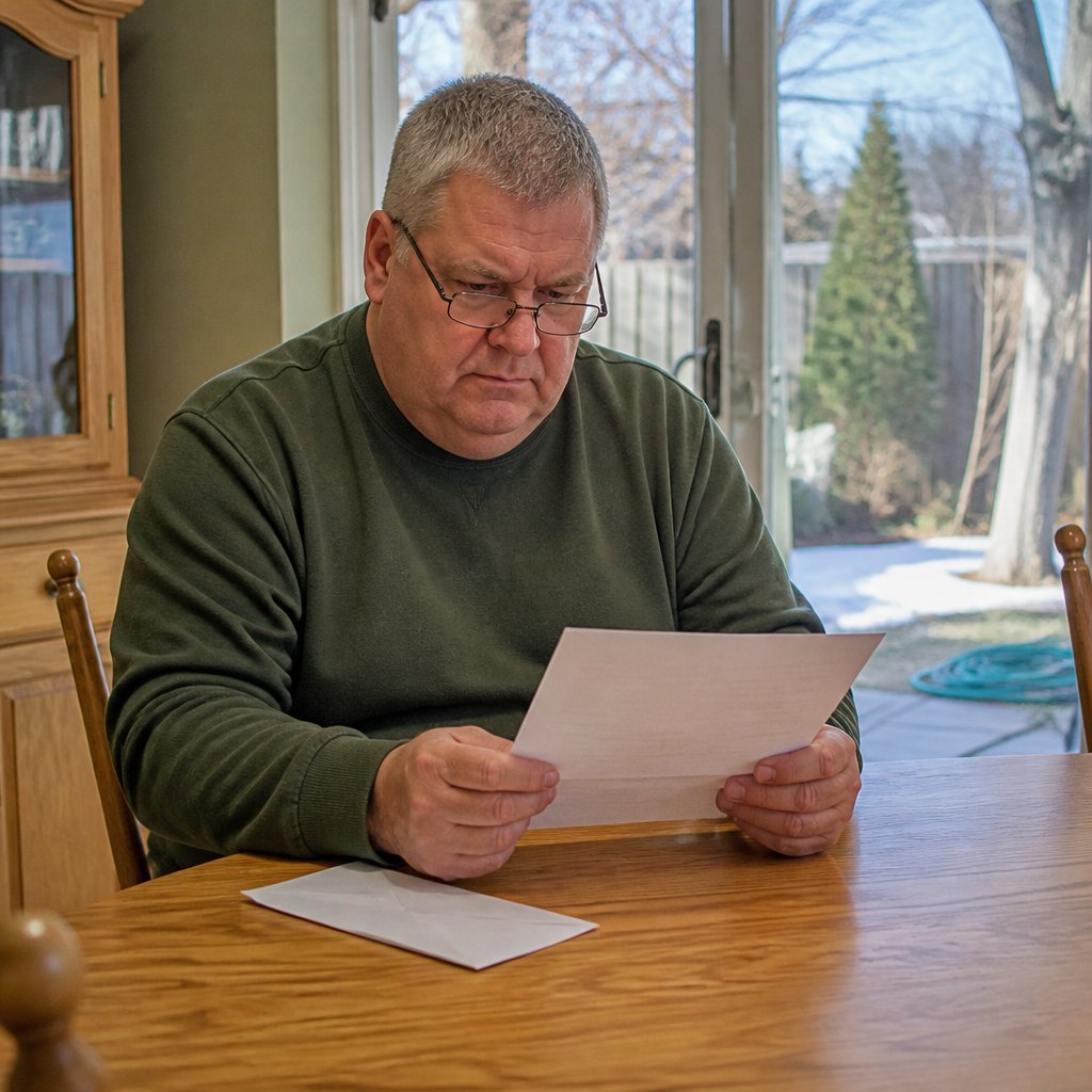 Man reads cease-and-desist letter at dining room table, looking worried.
