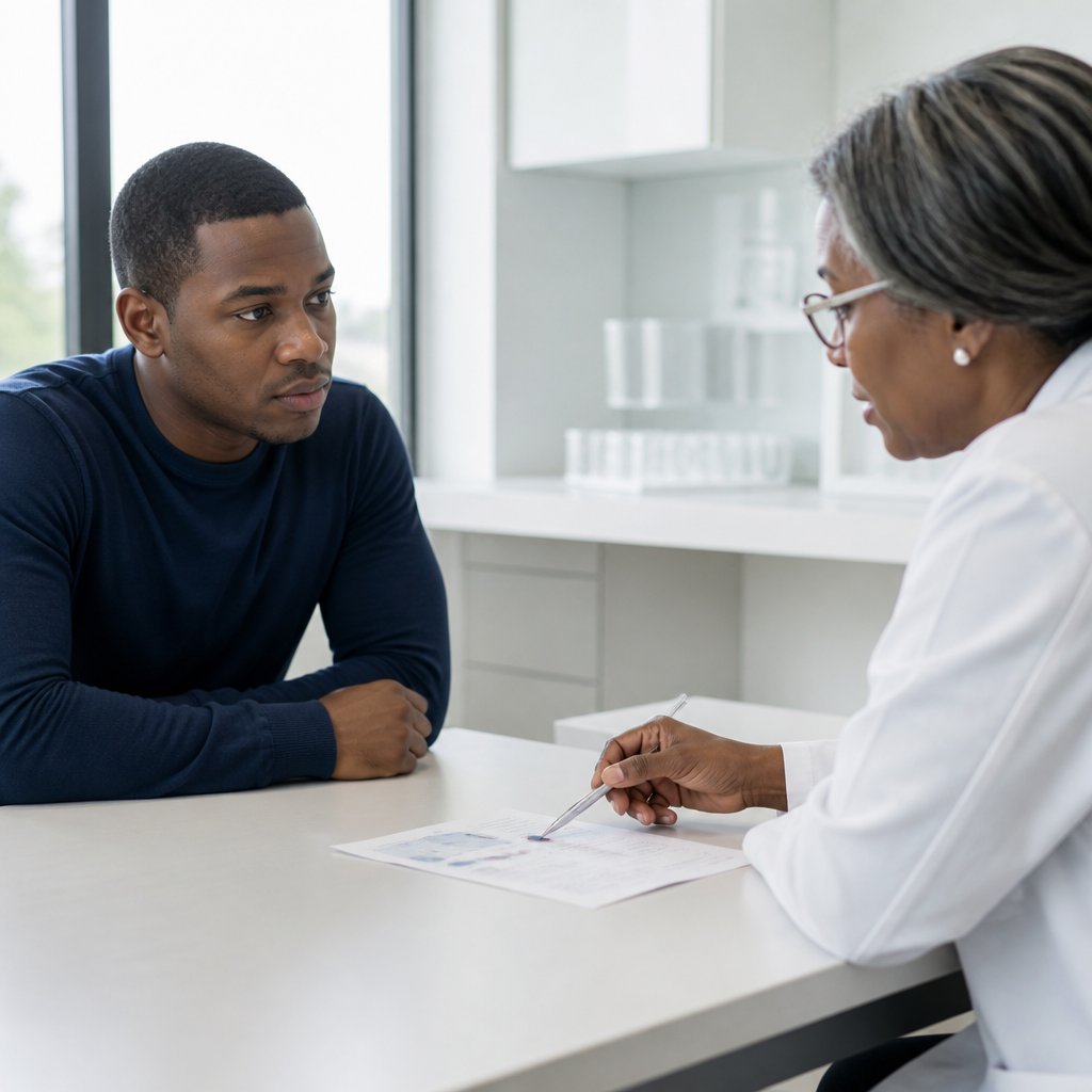 Man and geneticist discussing medical charts in a clinical office.