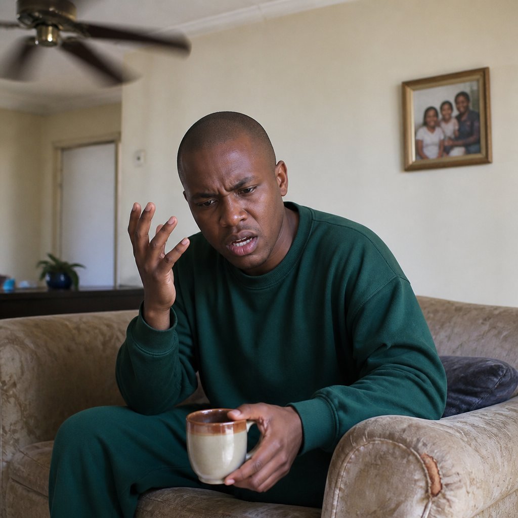 A young Black man on a couch holding a mug, looking frustrated during a phone call in his living room with a ceiling fan overhead.
