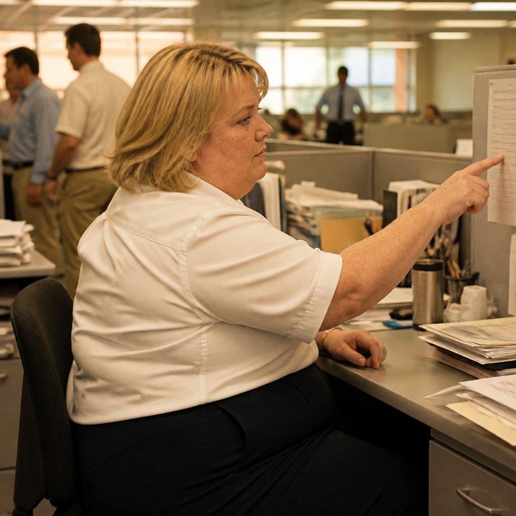 Woman at desk looking frustrated after losing noise-canceling app in noisy open office.