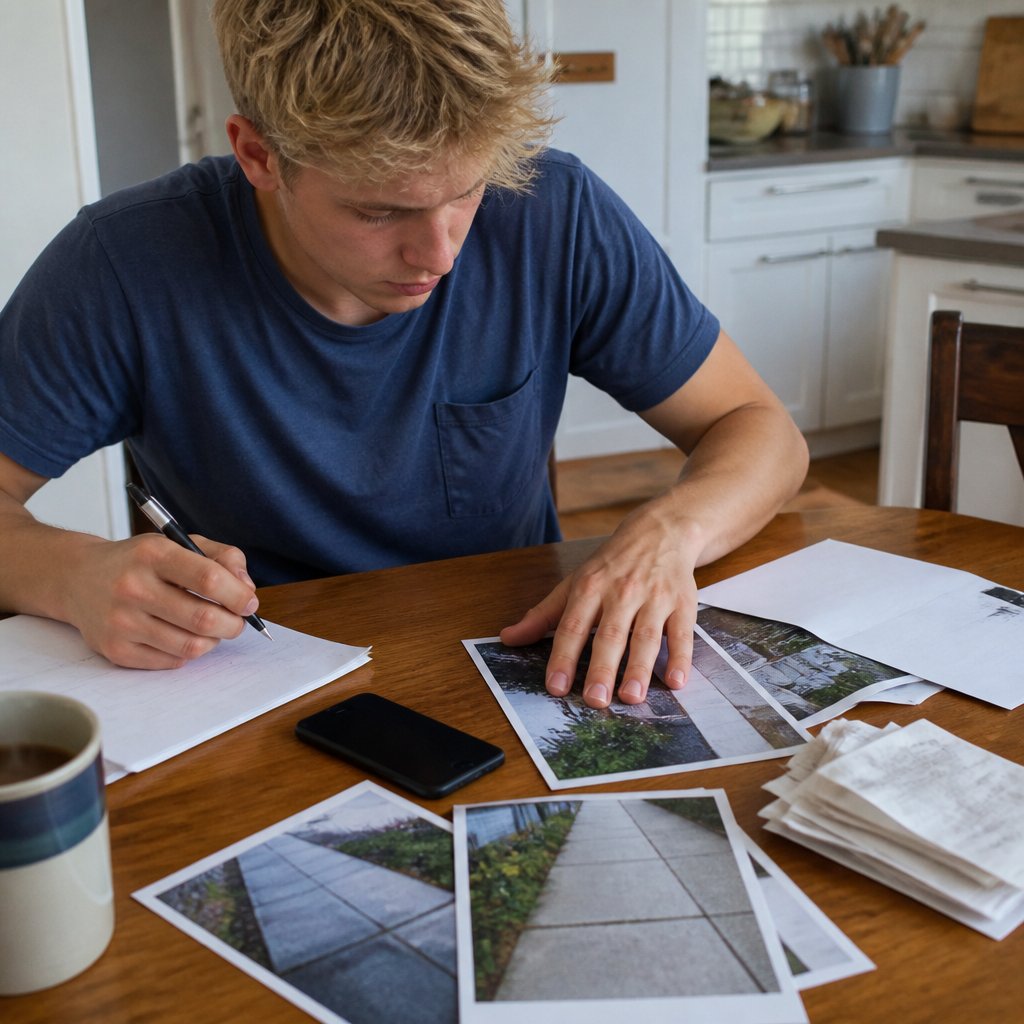 Young man at kitchen table reviewing receipts and photos with coffee cup nearby