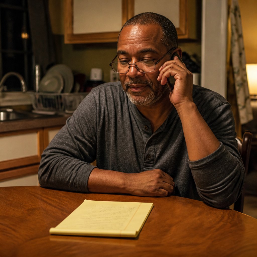 Man on phone at kitchen table looking determined after deciding to reject settlement