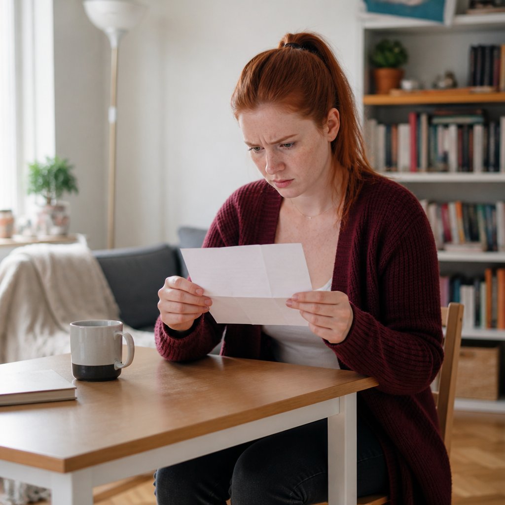 Woman reading a threatening letter with concern in a living room setting.