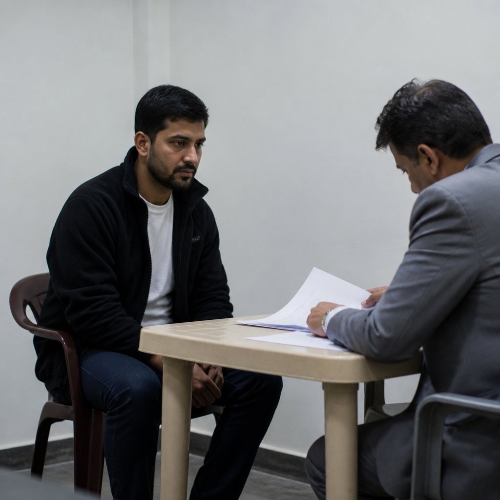Man sitting tensely in a windowless office facing an insurance risk manager.