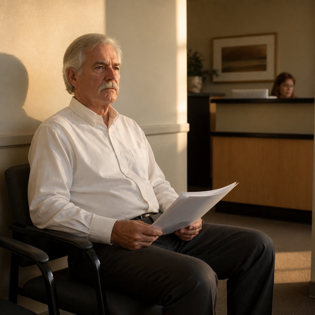 Man sitting tensely in HR office holding complaint papers
