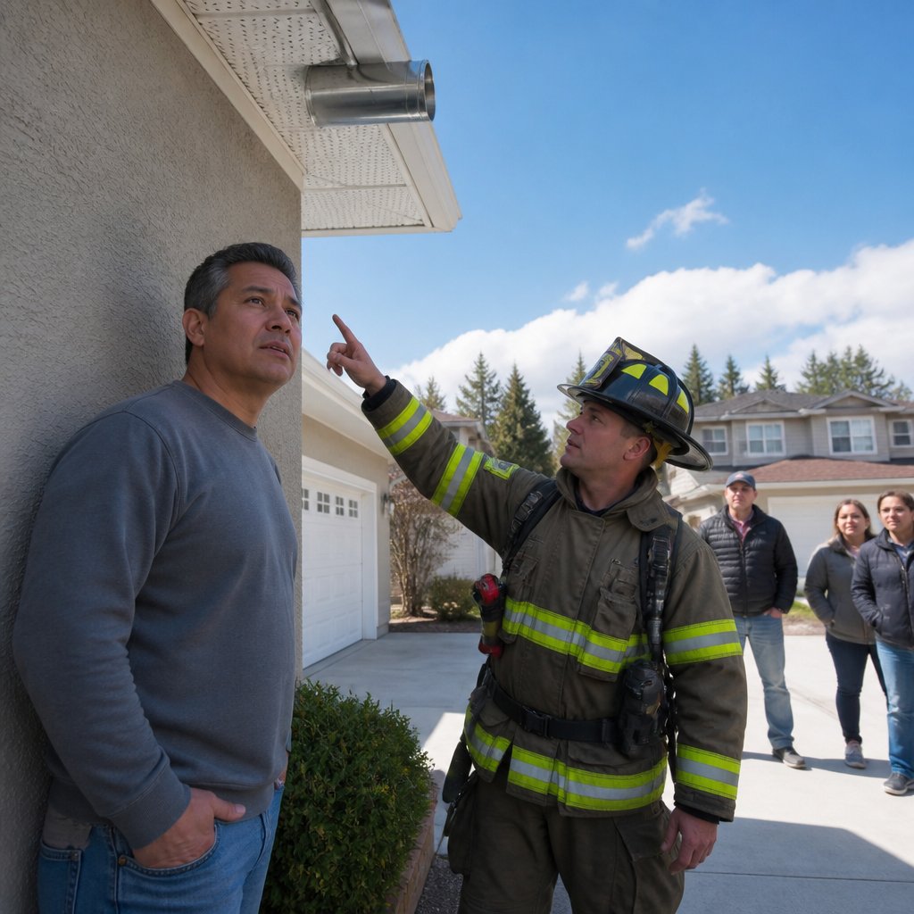 Man talks with firefighter near a temporary metal vent on suburban house soffit after smoke alarm.
