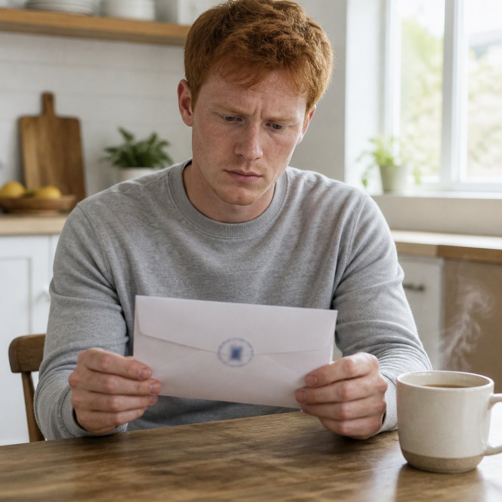 Man contemplating a hospital settlement offer letter, tension and doubt visible.