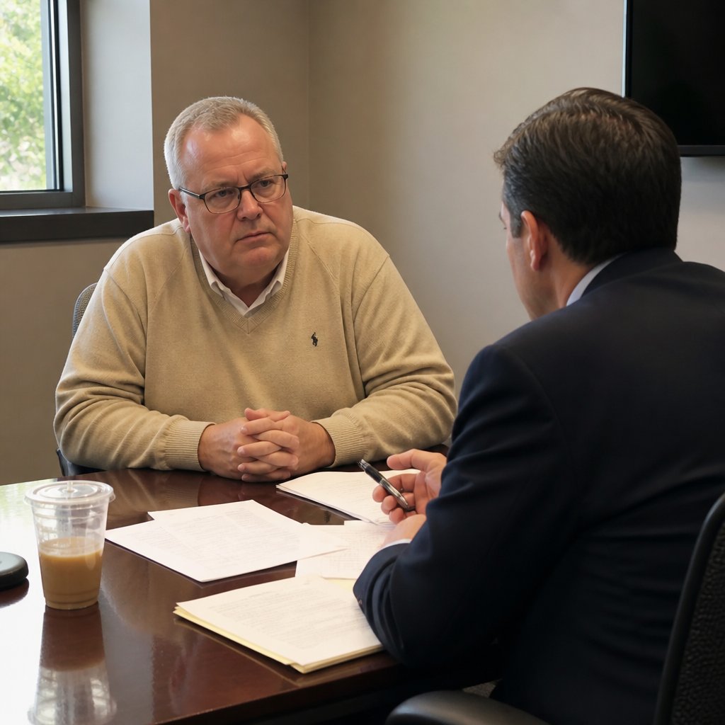 Man under deposition stress in a small conference room, facing attorney.