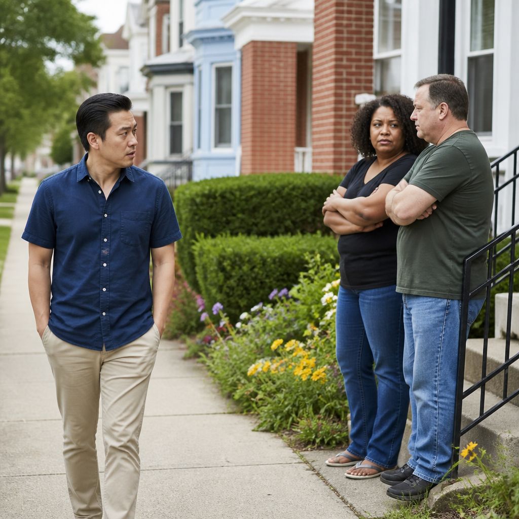Man walking by neighbors whispering on suburban street.