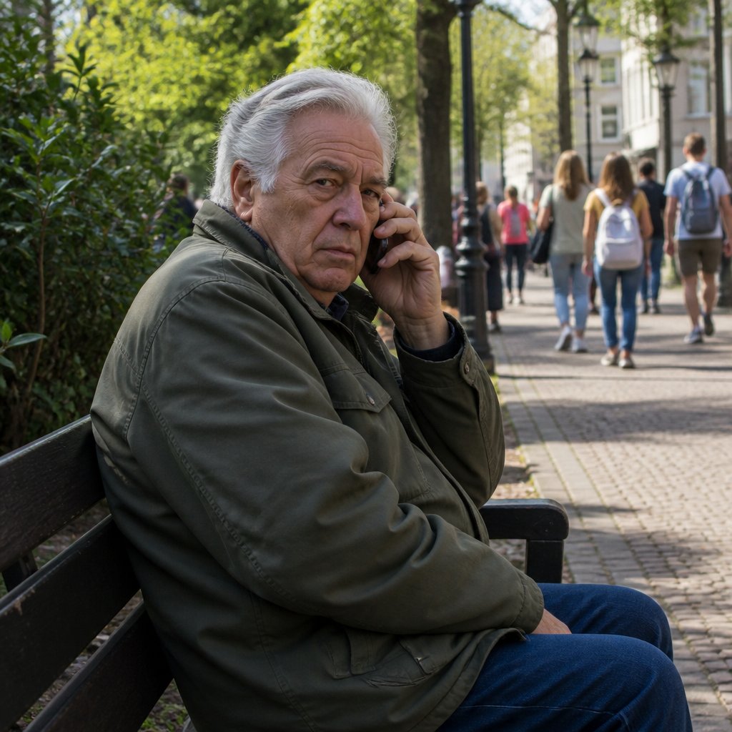 Man on park bench talking discreetly on phone, looking concerned.